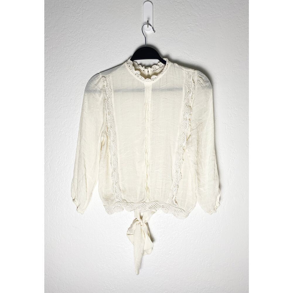 Sweet Wanderer Women's Cropped Sheer Beige Blouse Ruffle Whimsy Feminine Prairie